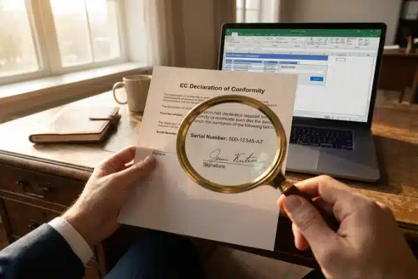 Business owner reviewing the EC Declaration of Conformity for imported molding equipment (ID#3)