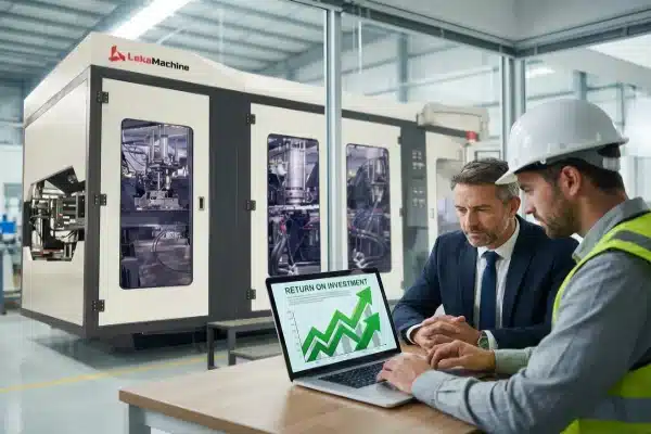 Business owner and engineer analyzing ROI for a double-station blow molding machine (ID#5)