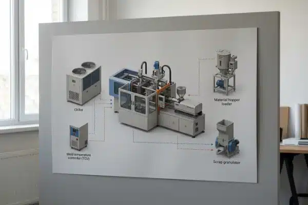 Industrial blow molding production line layout featuring essential auxiliary equipment and workflow (ID#3)