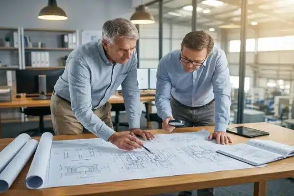 Engineers reviewing confidential blow molding machine blueprints for IP protection (ID#1)