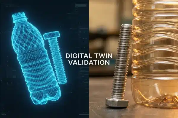 Digital twin simulation comparing 3D wireframe models with physical blow molding machine components (ID#2)