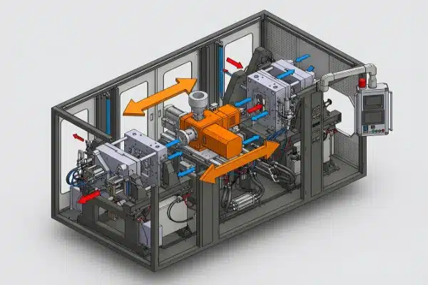 Technical diagram of a double-station blow molding machine showing continuous operation (ID#2)