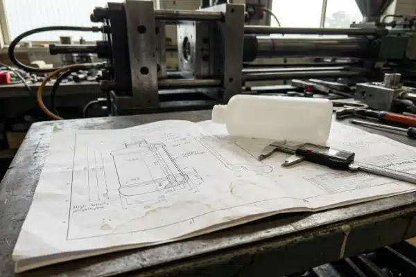 Technical blueprint and plastic sample bottle on blow molding machine workbench (ID#4)