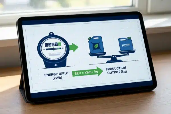 Vector illustration showing SEC formula for HDPE bottle energy consumption (ID#2)