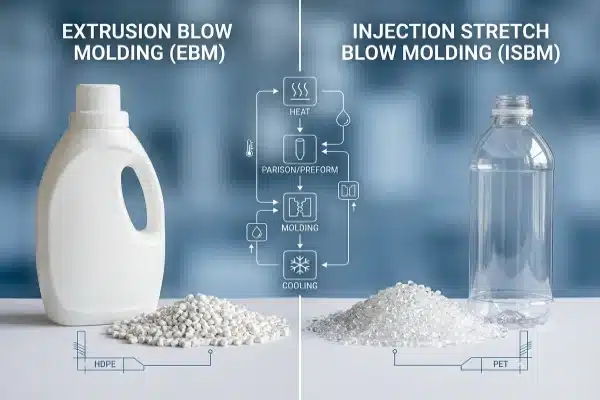 3D illustration comparing Extrusion Blow Molding EBM and Injection Stretch Blow Molding ISBM (ID#1)