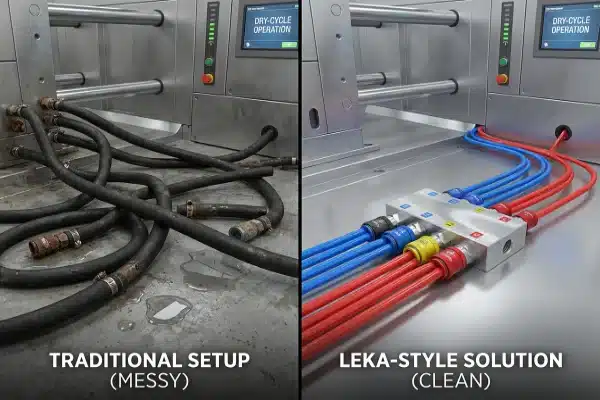 Efficient multi-coupler manifold with color-coded lines for fast blow molding machine setup (ID#3)