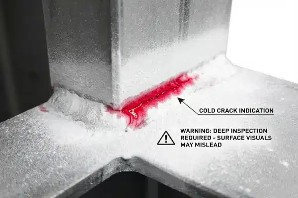 Technical dye penetrant testing showing a red crack on a steel machine weld (ID#2)