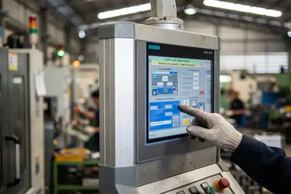 Close-up of a digital HMI control panel on an electric extrusion blow molding machine showing multi-language support and localized text for international manufacturing safety.