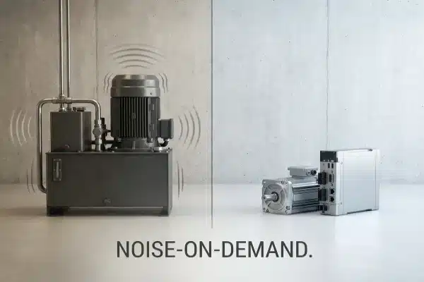 A 3D split-screen illustration comparing a noisy hydraulic pump with a silent electric servo motor for extrusion blow molding machines, demonstrating noise-on-demand compliance for European standards.