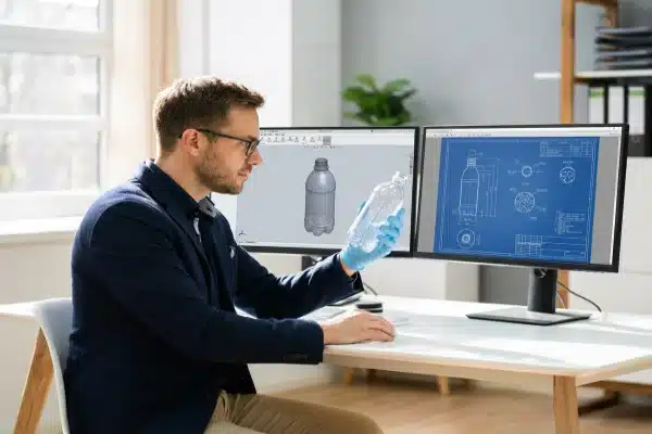 Engineer reviewing technical bottle drawings