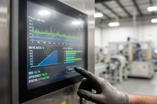 Close-up of HMI control panel showing optimized cycle time for plastic production (ID#2)