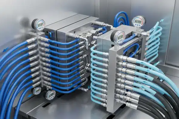 Technical illustration of blow molding machine water lines and temperature gauges for cooling verification (ID#1)