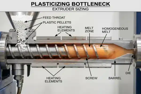 Technical cross-section of an extrusion blow molding machine screw and plasticizing process (ID#2)