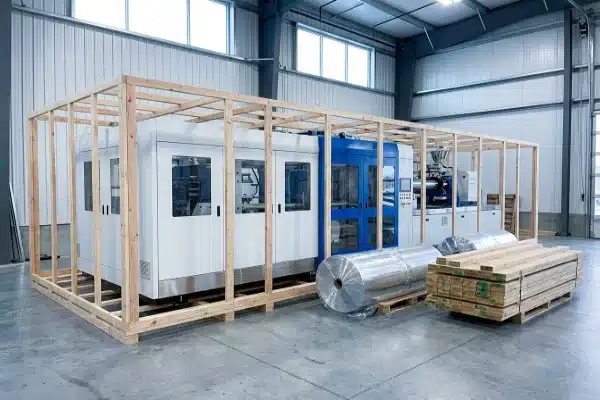 Industrial extrusion blow molding machine inside wooden framework for sea shipping protection (ID#1)