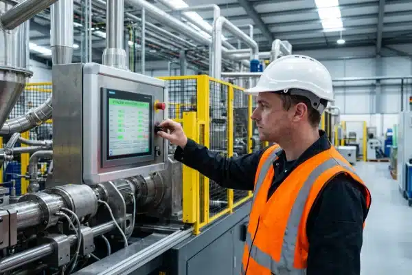 LEKA engineer adjusting blow molding machine settings for peak output efficiency (ID#1)