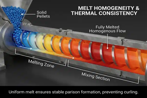 Extruder Melt Homogeneity Simulation Thermal simulation of melt homogeneity inside an extruder barrel for thermal consistency (ID#5)
