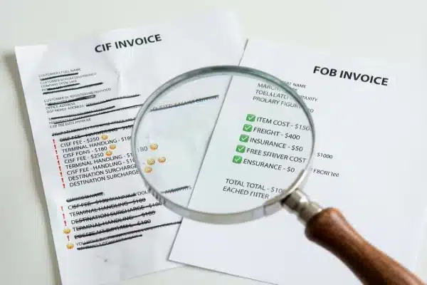 Magnifying glass comparing transparent FOB costs against cluttered CIF shipping invoices for machines (ID#5)