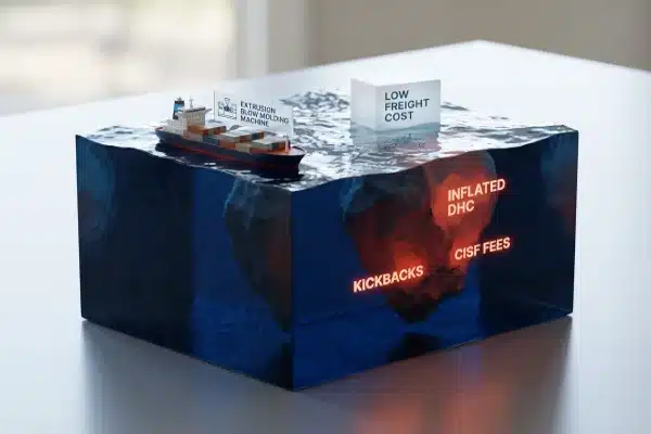 Iceberg metaphor showing hidden CIF shipping costs for electric blow molding machine imports (ID#2)