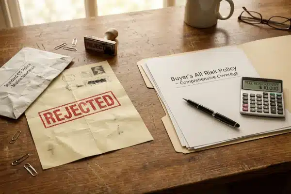 A flat-lay comparison on a wooden desk showing a rejected CIF policy document next to a pristine Buyer's All-Risk Policy folder, illustrating the difference in insurance security when importing electric extrusion blow molding machines.