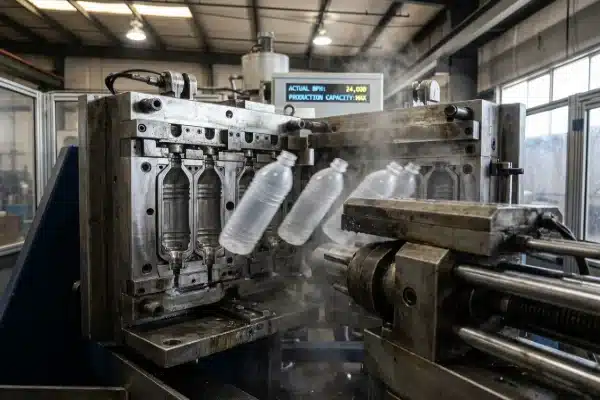 Close-up of high-speed bottle ejection showing actual production capacity in BPH (ID#2)