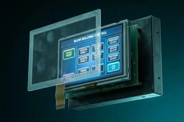 Exploded view of a blow molding machine HMI touch glass and LCD display (ID#4)