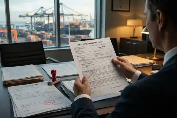 Irrevocable Letter of Credit Financial officer reviewing an irrevocable Letter of Credit for machinery procurement (ID#3)