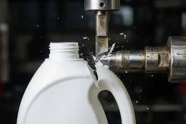 High-speed precision deflashing station removing excess plastic from a blow molded bottle (ID#3)
