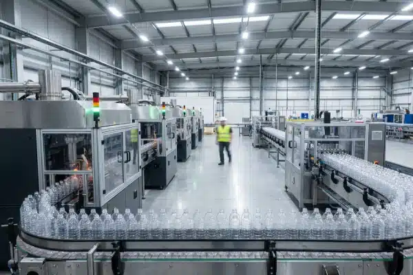 A wide-angle view of a clean, high-efficiency plastic bottle manufacturing plant featuring a row of LEKA extrusion blow molding machines and conveyor belts full of finished bottles under bright factory lighting.