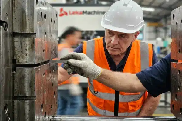 Senior engineer measuring clamping unit platen parallelism on a blow molding machine (ID#2)