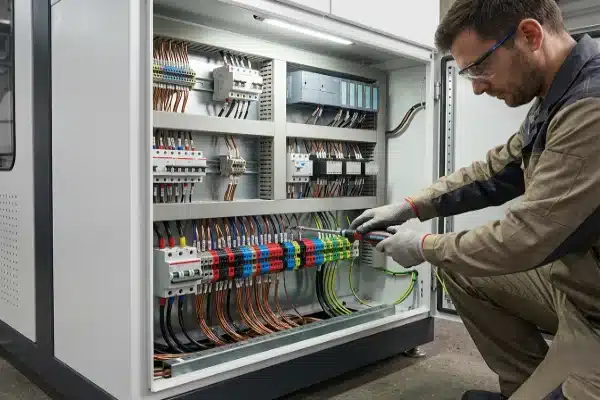 Electrical Terminal Torque Check Technician using a torque screwdriver to tighten electrical terminals inside the control cabinet (ID#4)