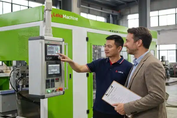 LEKA engineer and client reviewing HMI touch screen during Factory Acceptance Testing (FAT)