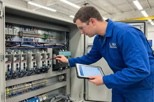 LEKA Machine engineer inspecting the electrical cabinet and servo drives for warranty verification (ID#2)