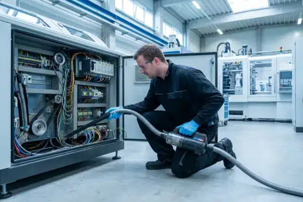 maintenance-free-all-electric-blow-molding-machine-servicing A professional technician in safety glasses and gloves uses an industrial vacuum to remove dust from the electrical components and belts inside an all-electric blow molding machine, demonstrating clean maintenance.