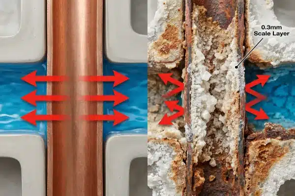 Scale Buildup Cooling Impact Microscopic view of mineral scale buildup impact on mold cooling pipe heat transfer (ID#5)