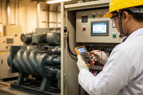 Engineer testing energy efficiency and power consumption of industrial PET blow molding machines (ID#4)