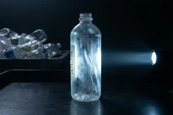 Defective PET bottle showing pearlescence and stress whitening from incorrect stretch ratios (ID#3)