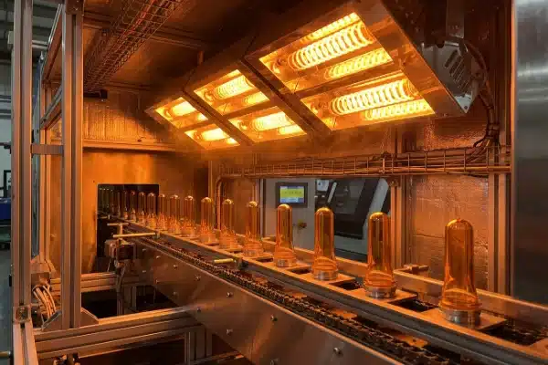 PET preforms moving through an infrared heating tunnel in a blow molding machine (ID#5)