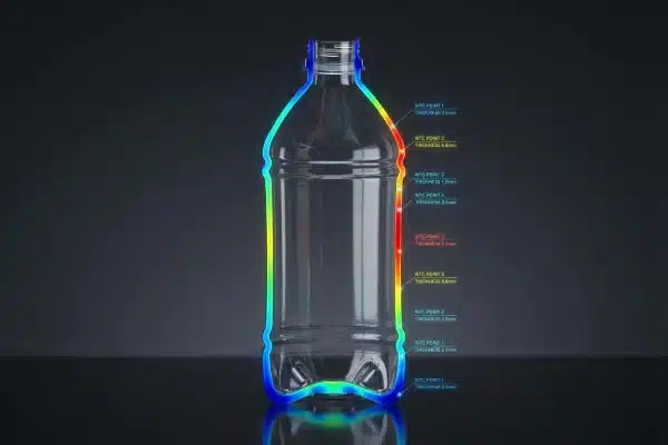 A 3D technical cross-section illustration of a plastic bottle with a heat-map gradient showing wall thickness control and parison programming points for extrusion blow molding.