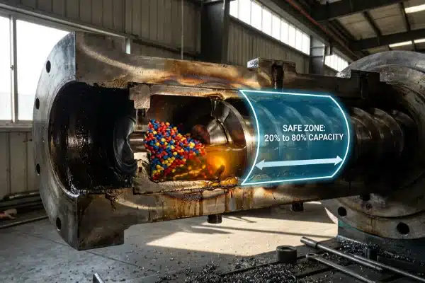 Cross-section of molding machine barrel showing the optimal 20 to 80 percent capacity (ID#2)