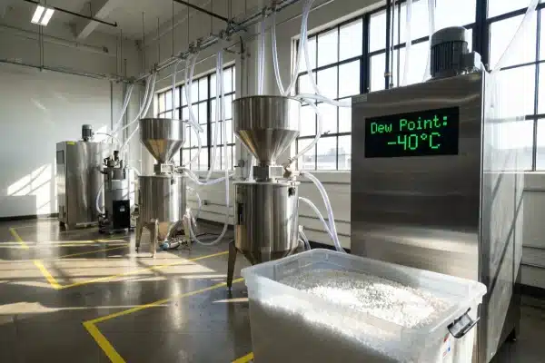 An industrial material preparation room in a plastic factory featuring stainless steel desiccant dryers and hoppers with a digital display showing a -40°C dew point for moisture-free plastic pellets.