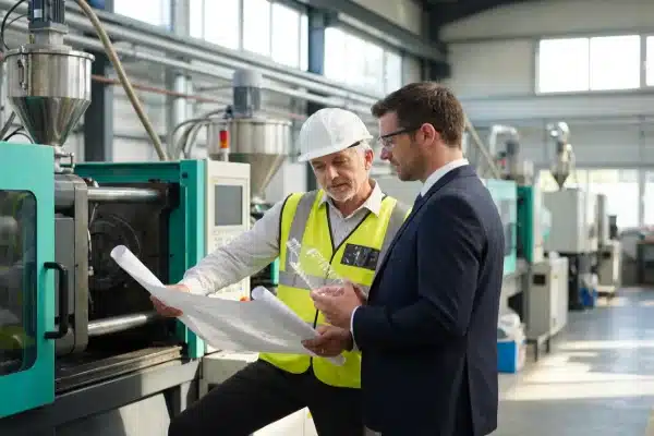 Senior engineer and business owner discussing plastic processing machinery selection at a factory (ID#1)