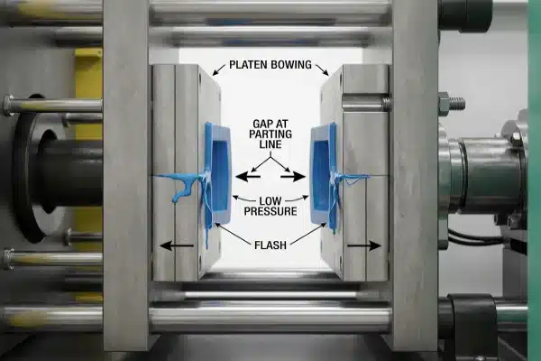 Platen Bowing Defect Diagram Technical diagram illustrating platen bowing and plastic flash defects during production (ID#4)