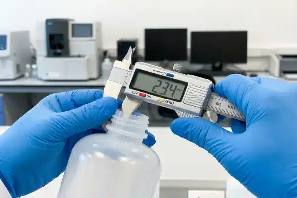 Quality check using calipers to measure bottle neck precision (ID#4)