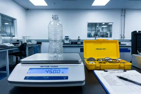 Precise plastic bottle weight measurement on a digital scale for quality control (ID#5)