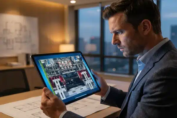 Business owner conducting remote inspection of an all-electric blow molding machine via tablet (ID#1)