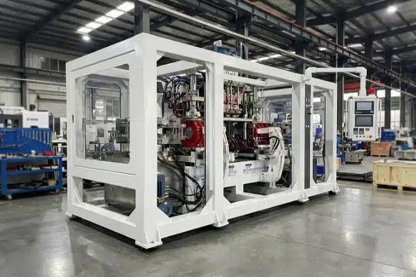 A 3D render of a heavy-duty steel frame structure for an all-electric extrusion blow molding machine in a modern industrial assembly hall, highlighting the robust chassis and engineering build quality.
