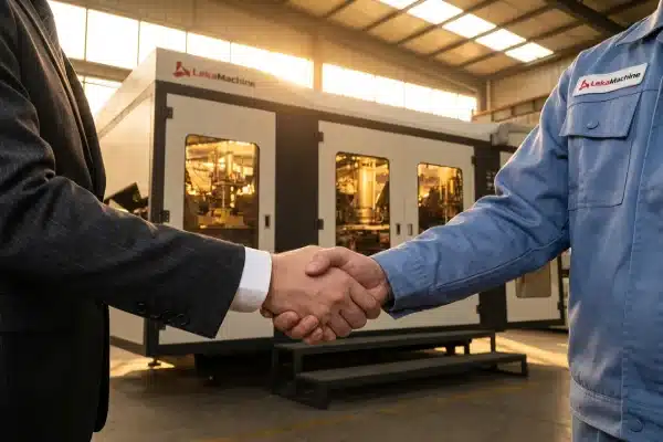 securing-payment-terms-for-all-electric-blow-molding-machines A professional handshake between a buyer and a LEKA Machine representative in a factory, symbolizing a successful partnership and agreement on payment terms for blow molding machinery.