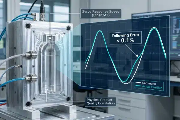 Technical graph showing precise servo motor following error in all-electric extrusion machines (ID#5)