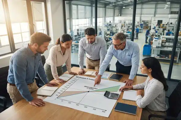 Management team analyzing blow molding machine ROI graph and payback period (ID#3)