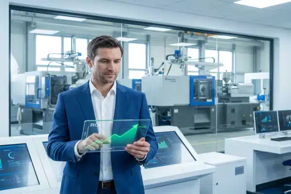 Factory owner viewing ROI and profit growth charts for blow molding machinery (ID#1)